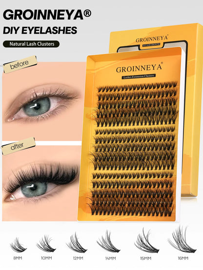 GROINNEYA Cluster Lashes DIY Eyelash Extension C Curl Long Individual Lashes Mixed Tray Faux Mink Lash Clusters Extensions