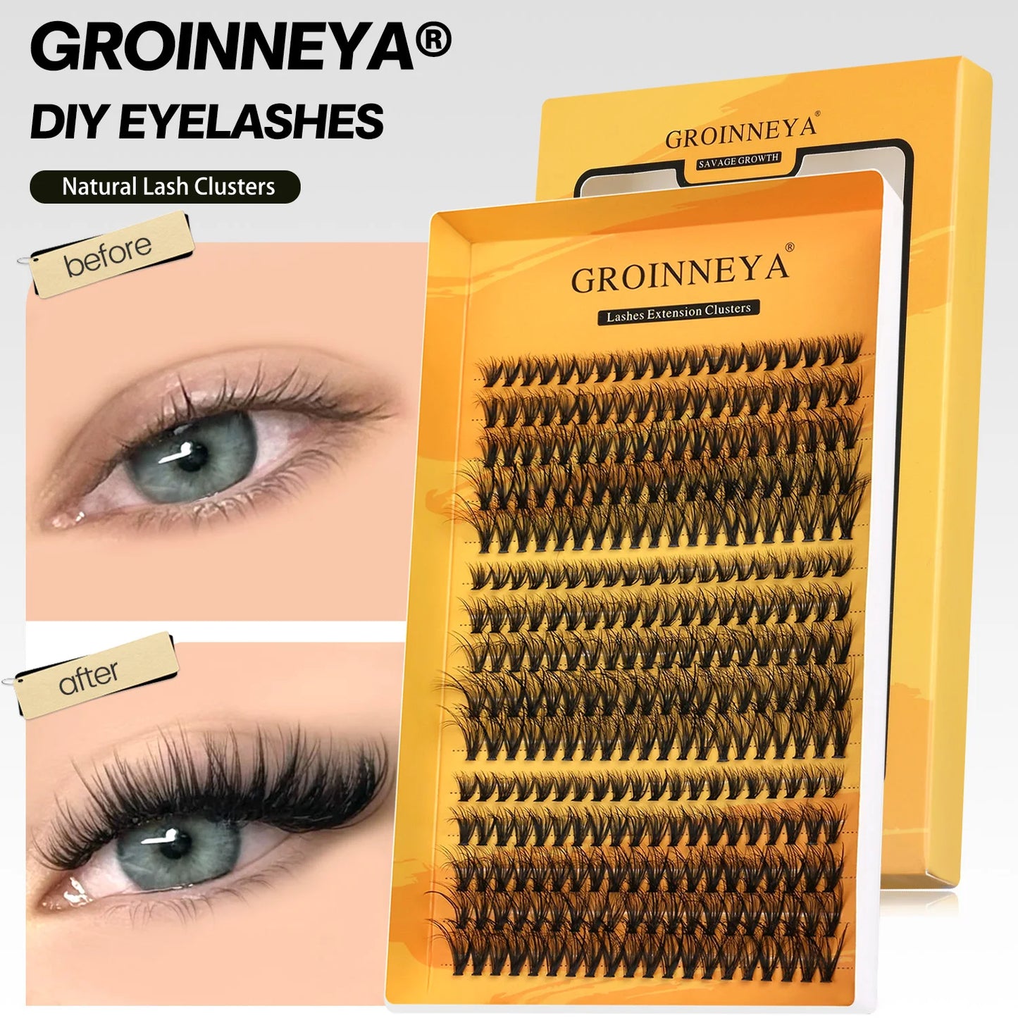 GROINNEYA Cluster Lashes DIY Eyelash Extension C Curl Long Individual Lashes Mixed Tray Faux Mink Lash Clusters Extensions