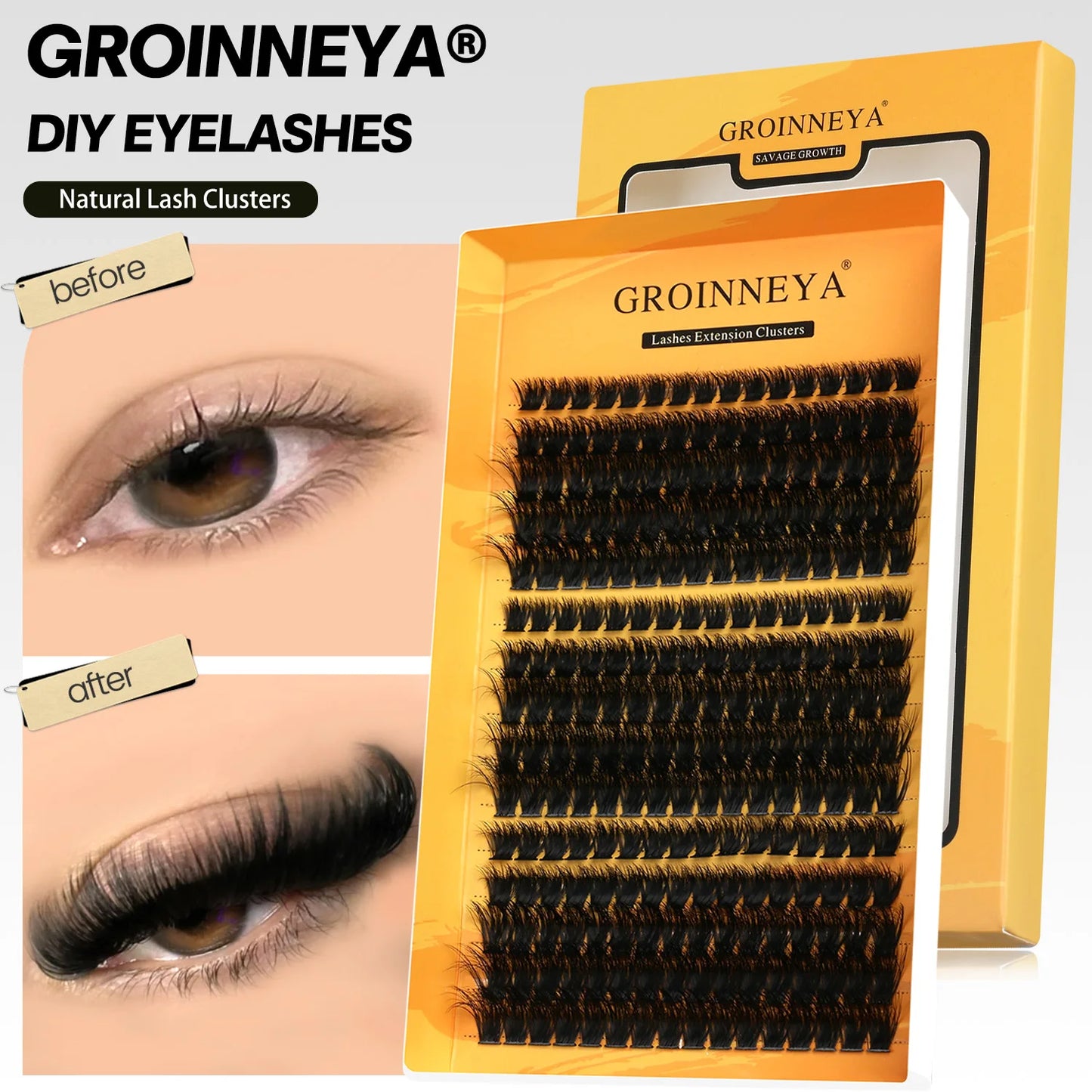 GROINNEYA Cluster Lashes DIY Eyelash Extension C Curl Long Individual Lashes Mixed Tray Faux Mink Lash Clusters Extensions