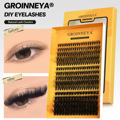 GROINNEYA Cluster Lashes DIY Eyelash Extension C Curl Long Individual Lashes Mixed Tray Faux Mink Lash Clusters Extensions