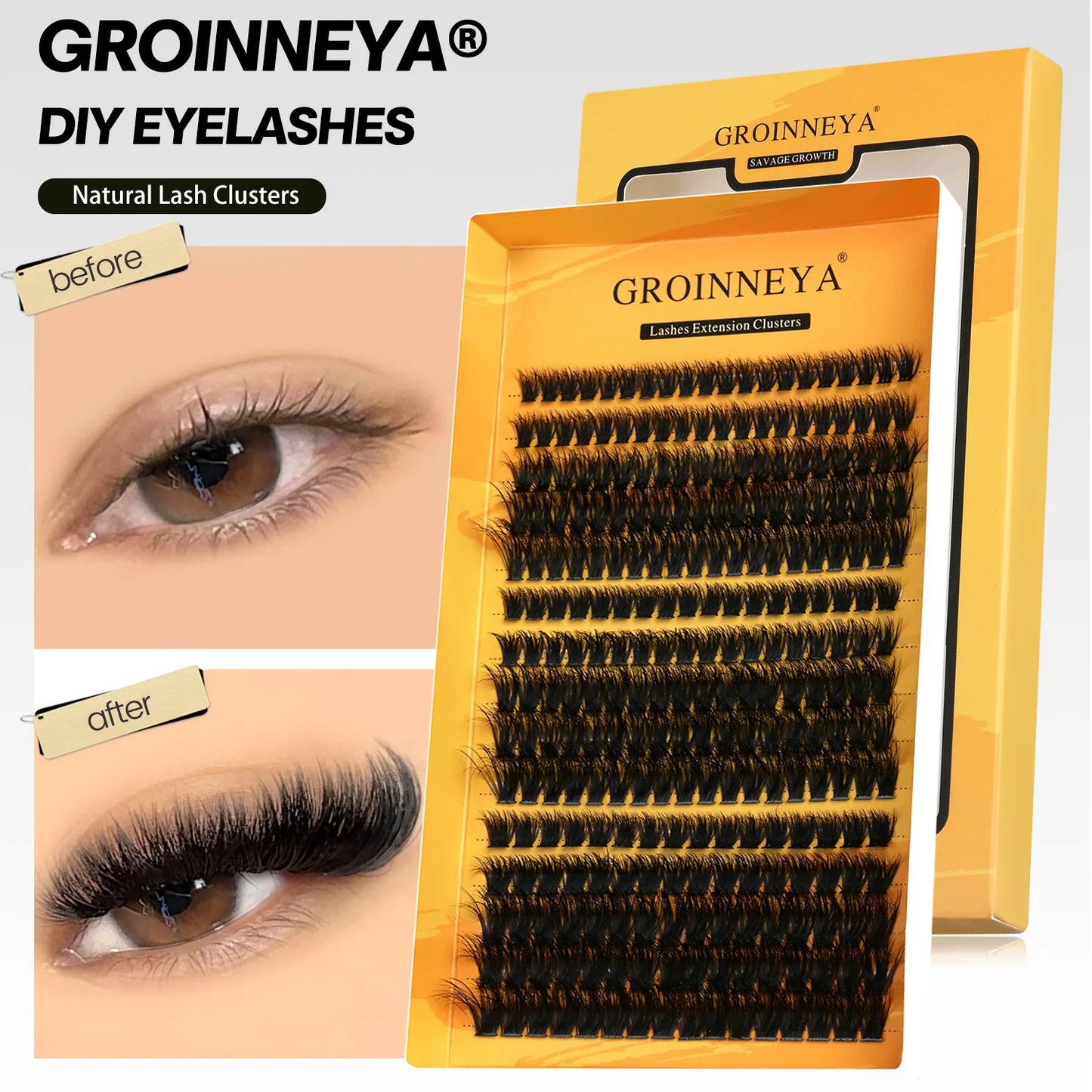 GROINNEYA Cluster Lashes DIY Eyelash Extension C Curl Long Individual Lashes Mixed Tray Faux Mink Lash Clusters Extensions
