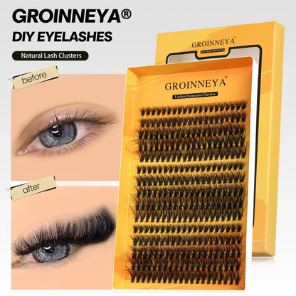 GROINNEYA Cluster Lashes DIY Eyelash Extension C Curl Long Individual Lashes Mixed Tray Faux Mink Lash Clusters Extensions
