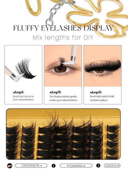 GROINNEYA Cluster Lashes DIY Eyelash Extension C Curl Long Individual Lashes Mixed Tray Faux Mink Lash Clusters Extensions